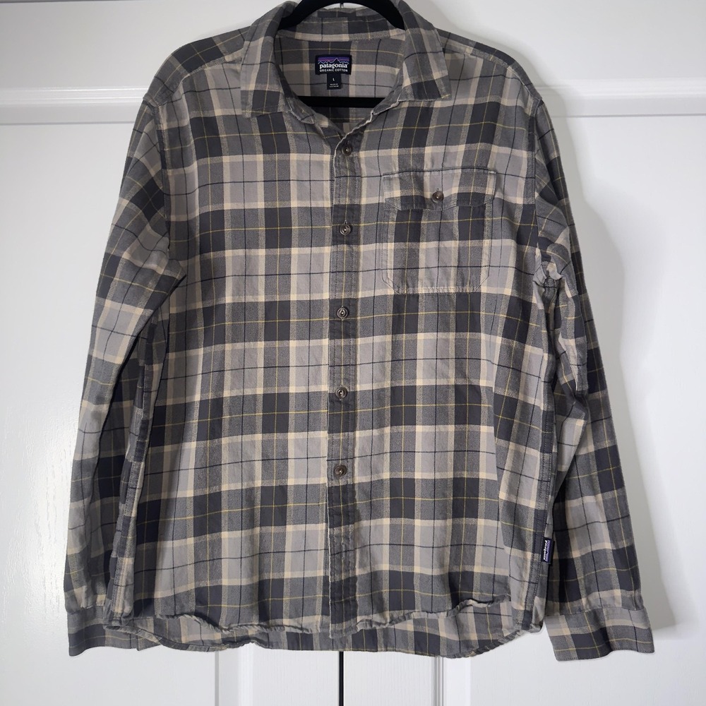 Patagonia Shirt Mens Large Gray Plaid Organic Cotton‎ Flannel Button Up Casual